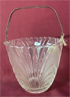 PATTERN GLASS ICE BUCKET WITH SILVER HANDLE