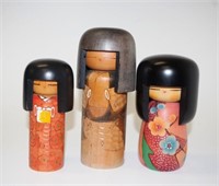 Three Japanese Kokeshi wooden dolls