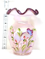 Fenton signed plumcrest pink vase w/ flowers