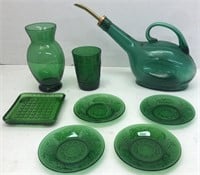 Green glass decanter, cup, saucers, vase 8pc.