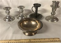 ASSORTED METALS CANDLE STICKS AND PLATED BOWL