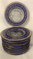 GLASS DINNER PLATES PAINTED ROYAL BLUE TRIMMED IN