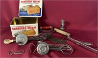 VINTAGE COOKING UTENSILS WITH BISCUIT TIN BOX