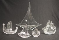 Five various art glass boat figures