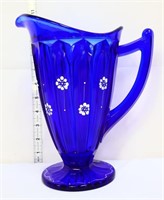Fenton cobalt glass pitcher w/ white flowers