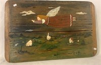 HAND PAINTED COUNTRY SCENE ON ANIQUE WOODEN BOARD