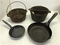 2 cast iron Cauldrons & 2 other pans