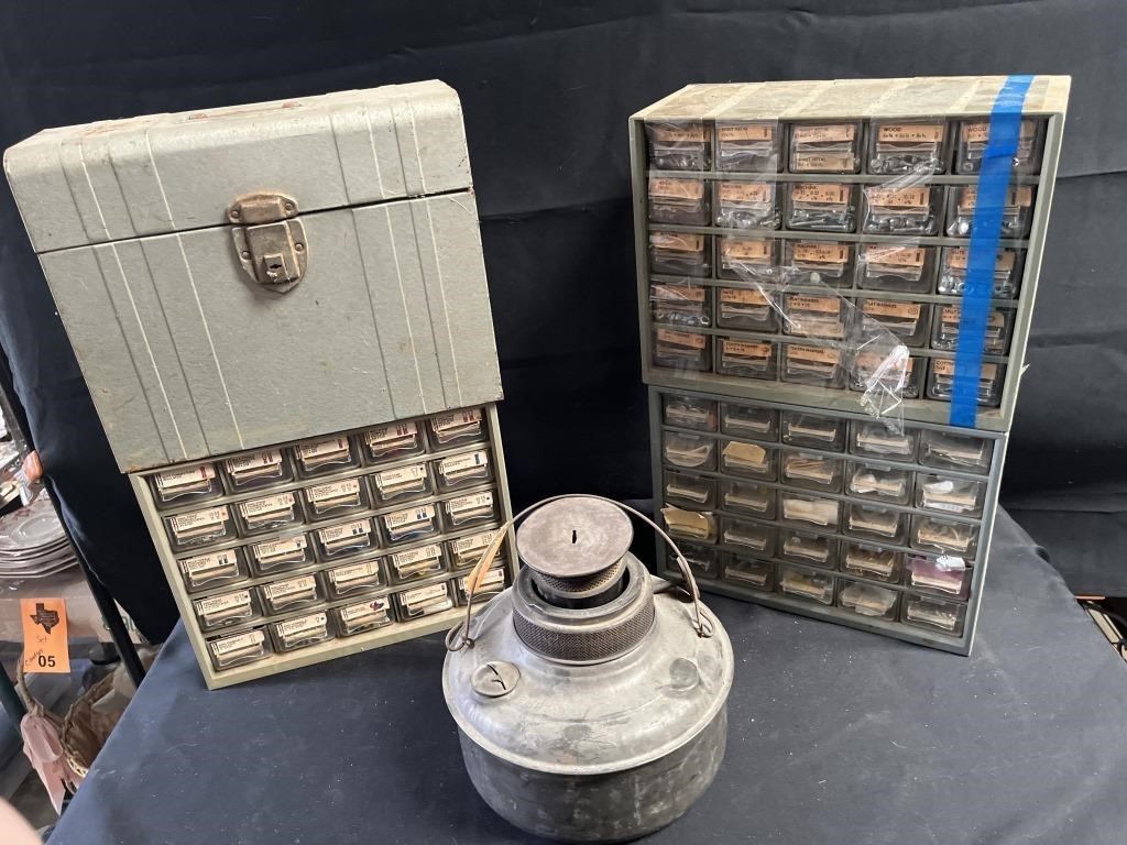Kerosene Lantern & (3) Small Hardware Boxes