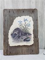 Barn board Raccoon and frog - signed by Earl