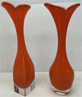Vintage pair of Orange art glass vases