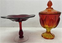 Ruby Red stemmed dish / Gold & red compote w/lid