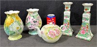 Handpainted Floral Vase, Teapot, Candlestick -Lot