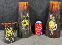 Vintage Brown Drip Glaze Floral Pitcher & Vase-Lot