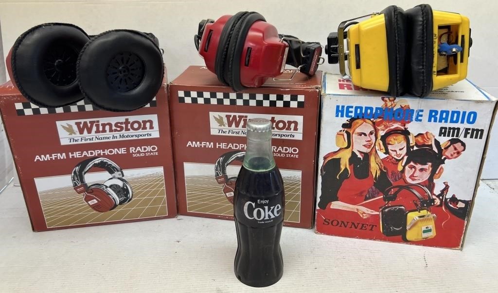3 AM/FM headphone radios & 1 coke bottle radio