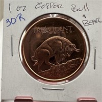 1OZ COPPER BULLION ROUND .999 BULL & BEAR