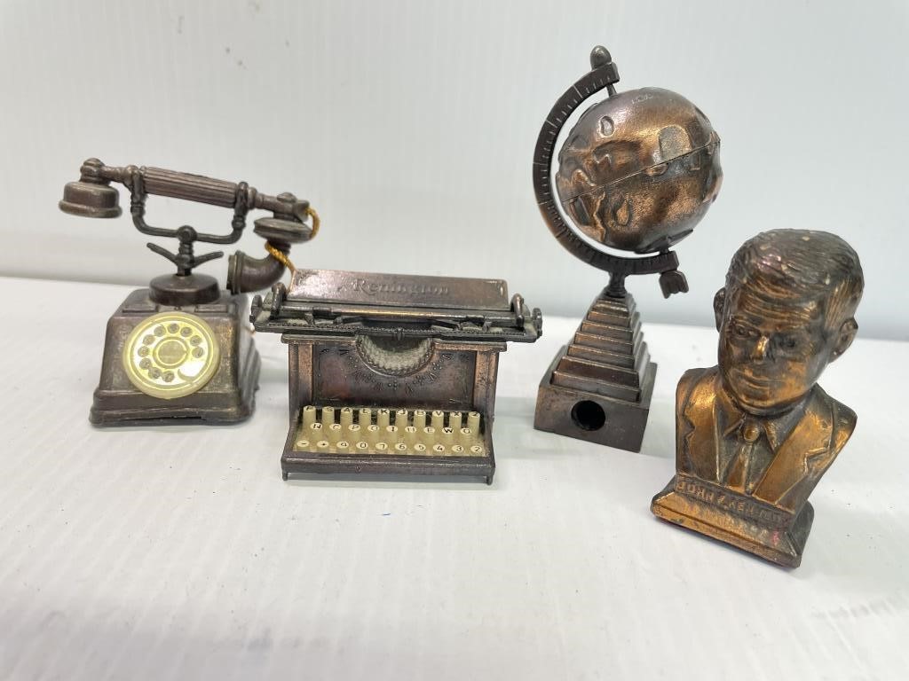 3 Brass Pencil Sharpeners and 1 bust