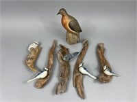 Group of 5 Hand carved Birds & 1 Dove