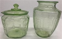 Green Depression glass cookie jar & vase
