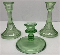 Green Depression glass candlestick holders