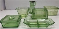 Green Depression glass butter dish, bowls w/lids