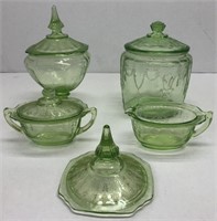Green Depression glass compote, cookie jar, etc.