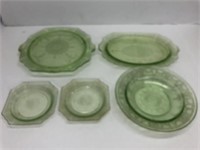 Green Depression glass platter, cake stand, bowl