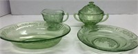 Green Depression glass bowls & cream & sugar
