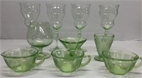 Green Depression glass stemware, tea cups, etc.