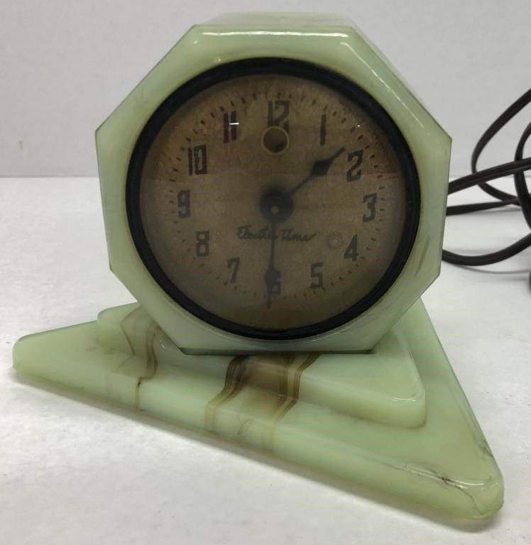 Vidno green glass electric clock & stand art deco
