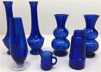 Cobalt blue glass vases, etc.