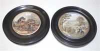 Two antique framed Pratt ware pot lids