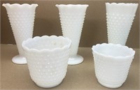 Milk glass hobnail vases & platters 5 pcs.