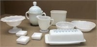 Milk glass & other including butter dish, salts,