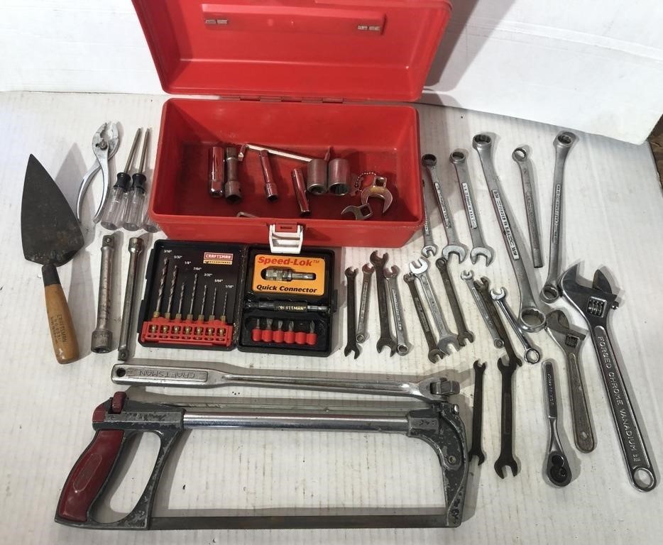 Red plastic tool box w/Craftsman tools