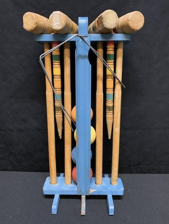 French Blue Vintage Croquet Set w Stand, Wear to
