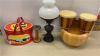 Pretzel tin, lamp, bongo drums, etc.