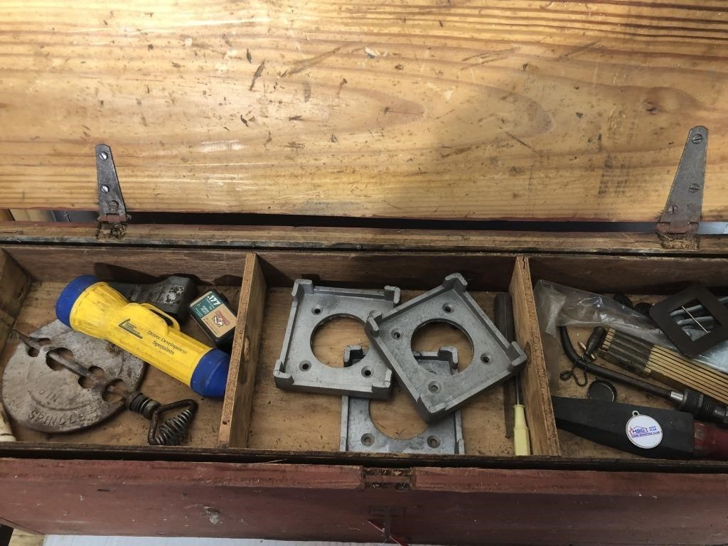 Wooden tool box w/misc. contents