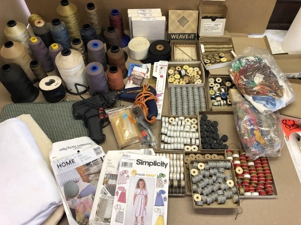 Bobbins of thread, glue guns, fabric patterns, etc