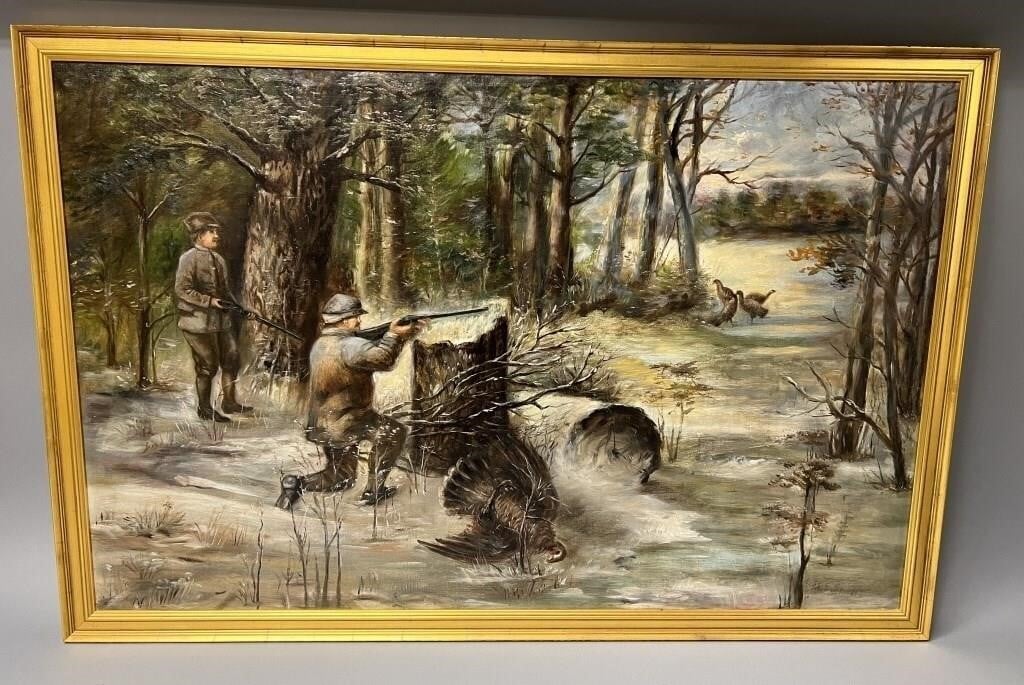 Oil On Canvas Turkey Hunting Painting