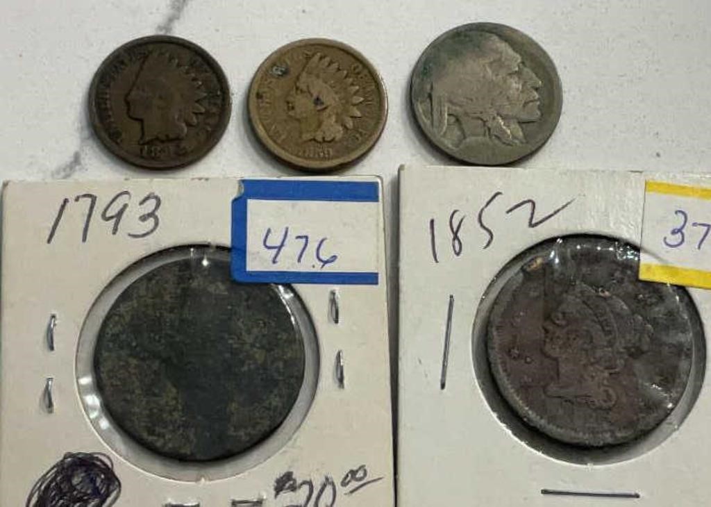 2 large cents, 2 Indian head pennies & buffalo