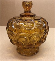 Amber glass candy dish w/lid (coin pattern)