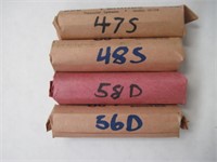 Lot of 4 Rolls of Wheat Pennies 40s 50s