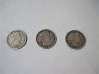Lot of 3 Silver Barber Quarter Dollars