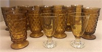 Fostoria amber glass footed tumblers, etc.