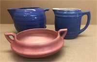 2 Blue pottery pitchers & 1 pink planter