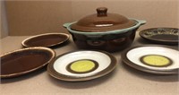 Brown & Teal stoneware bowl w/lid & plates