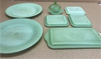 Jadeite green plates, lids & rocking dog
