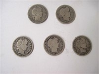 Lot of 5 Silver Barber Dimes