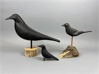 2 Hand Carved Crows & 1 Blackbird