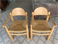 Pair Solid Pale Wood Raffia Seat Chairs